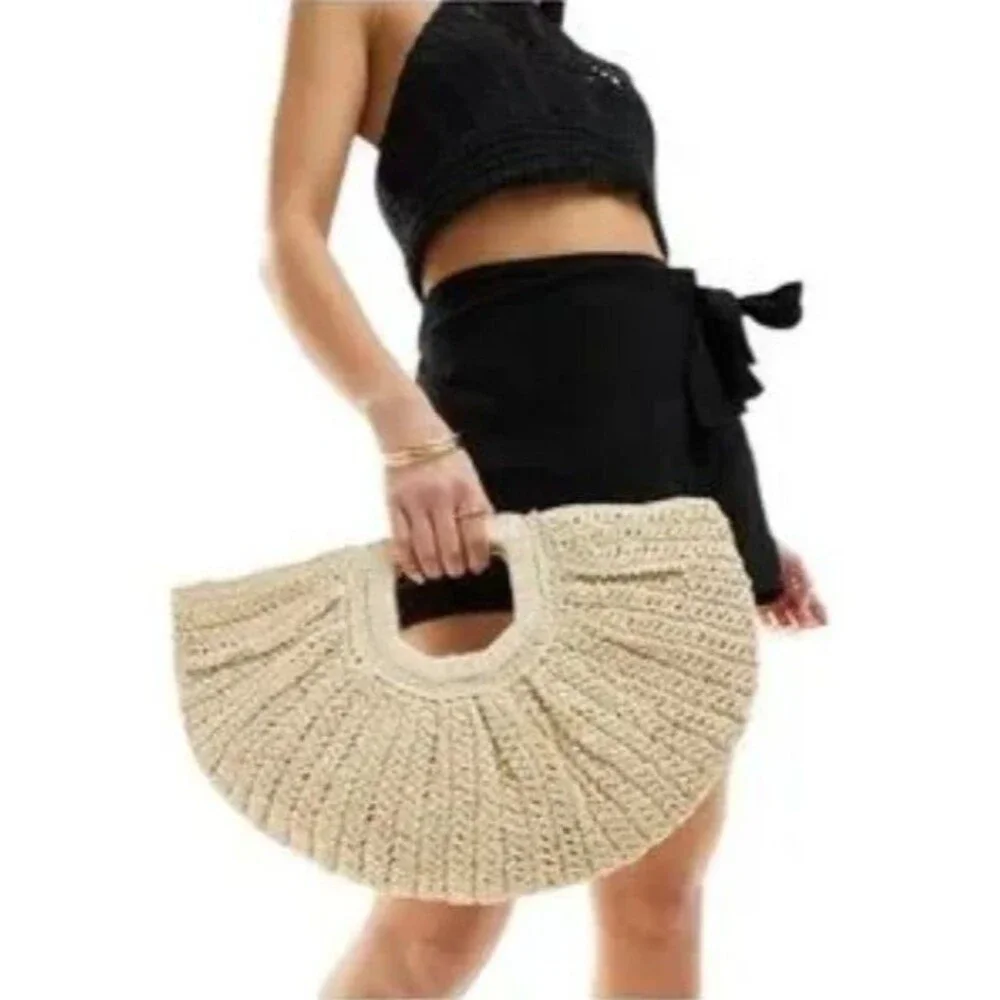 RAMLA Designer Raffia Woven Half Moon Handbag Straw Resort Beach Bag NEW